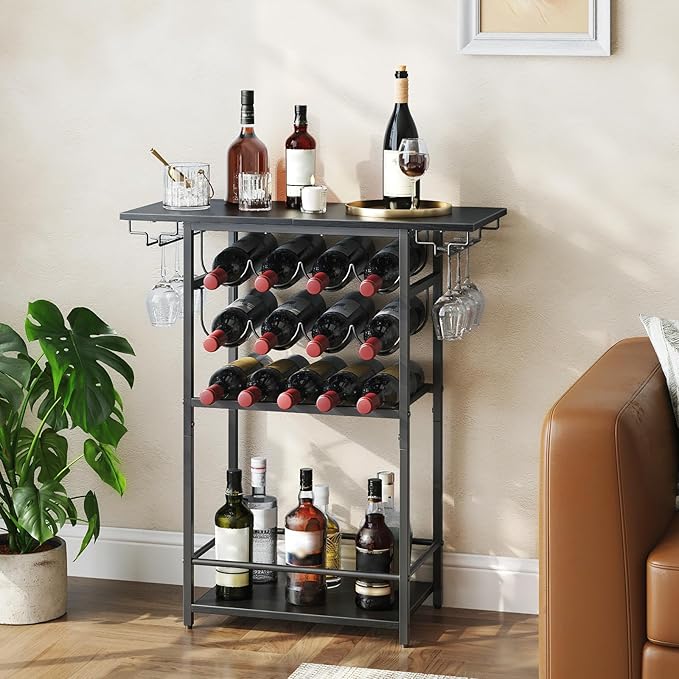 HOOBRO 5-Tier Wine Rack with Glass Holder, Wine Storage Freestanding Floor, Versatile Corner Liquor Cabinet, Alcohol Bottle Display Shelf for Home Bar, Kitchen, Living Room, Black BB68JJ01