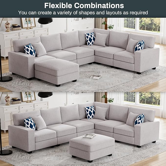 Legend Vansen Oversized Modular Sectional Sofa,U/L‑Shaped Reversible Couch with Ottoman,Deep Seat Plush Polyester Sofa for Living Room,7‑Seater,Light Grey