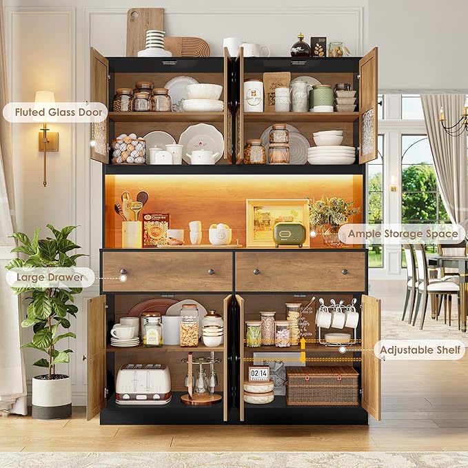 FINETONES 71" Pantry Cabinet with LED Light and Charging Station, Farmhouse Kitchen Pantry Cabinet with Microwave Stand, 47.2" Wide Kitchen Hutch Food Pantry with Open Countertop, Black/Brown