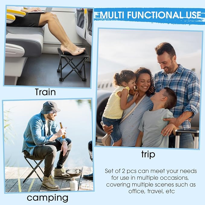 Ripeng 2 Pcs Portable Airplane Travel Foot Rest, Folding Camping Stool, Under Desk Foot Rest at Work for Long Flight, Home and Office Outdoor Hiking Fishing with Carry Bag (Black)