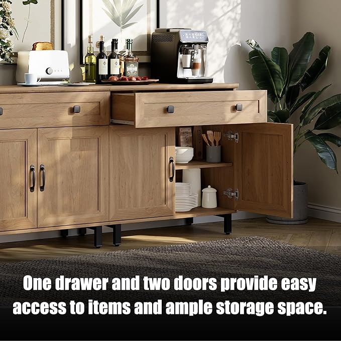 FENSULN Buffet Sideboard Cabinet Farmhouse Modern 2 in 1 Storage Cabinet with Drawer and Adjustable Shelves for Kitchen, Coffee Bar, Living Room, Oak
