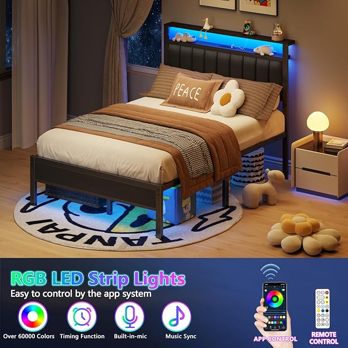 Furnulem Full Size Bed Frame with Charging Station and LED Lights, Platform Bed with Metal Slats, Grey Upholstered Headboard with 2-Tier Storage Shelves, No Box Spring Needed