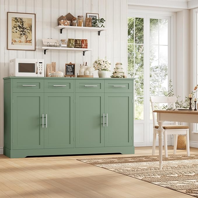 HOSTACK 60" Large Buffet Sideboard with Storage, 36" Tall Kitchen Buffet Storage Cabinet with 4 Drawers, Modern Coffee Bar Cabinet with Silver Handles, Long Sideboard Buffet Table for Kichen, Green