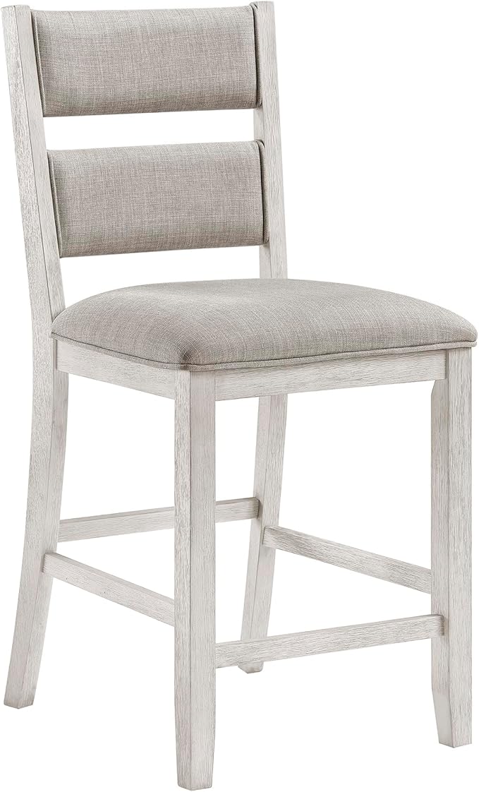 Lexicon Counter Height Chairs, Set of 2, Wooden Kitchen Chairs with Light Gray Textured Fabric Upholstered Seats and Back Rest, Counter Stools for Kitchen/Dining Room, 25.5" SH, Brushed Antique White