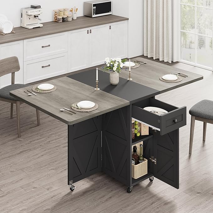 Jocoevol Folding Dining Table for Small Spaces, Space Saving Foldable Kitchen Table with Drawer & Storage Shelf, Rolling Drop Leaf Dining Table with Wheels for Dining Room (Grey 47.2" x 23.6" x 29.5")