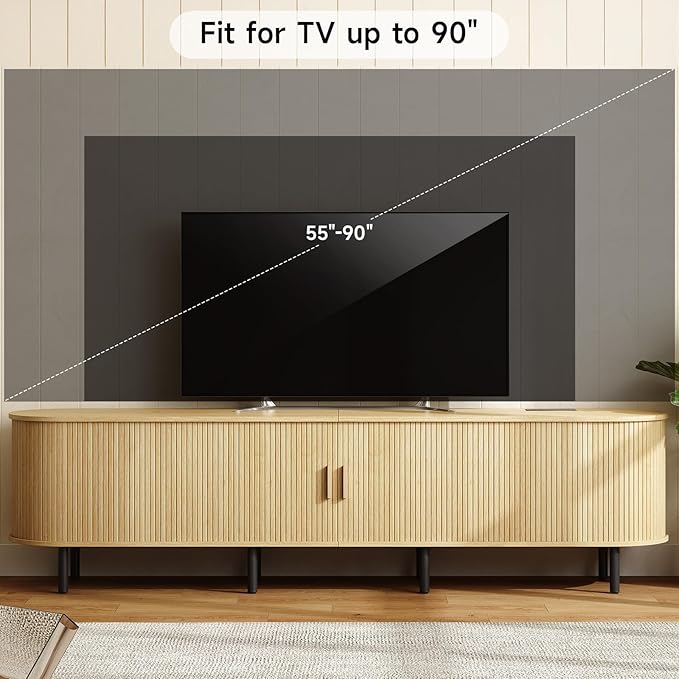 ONBRILL 86.6" TV Stand with Power Outlet for TVs up to 90 Inch, Entertainment Center with Storage and Adjustable Shelves, Modern Media Console with Sliding Doors for Living Room, Oak
