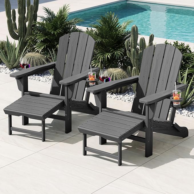 KINGYES Adjustable Folding Adirondack Chairs with Footrest & 2 Cup, HDPE Recliner Adirondack Chair with Ottoman, Grey