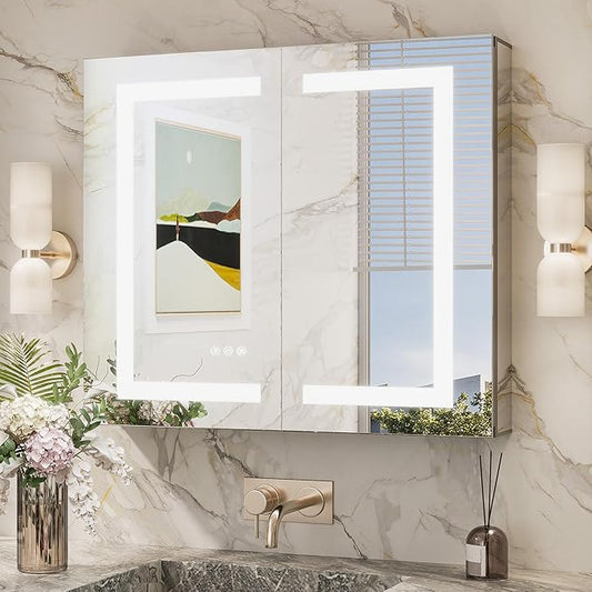 TokeShimi 30x26 Led Medicine Cabinet with Lights 3 Color Dimmable and Defogger, Lighted Medicine Cabinet Mirrored with Outlet Surface or Recessed, Bathroom Mirror with Storage, Adjustable Shelves