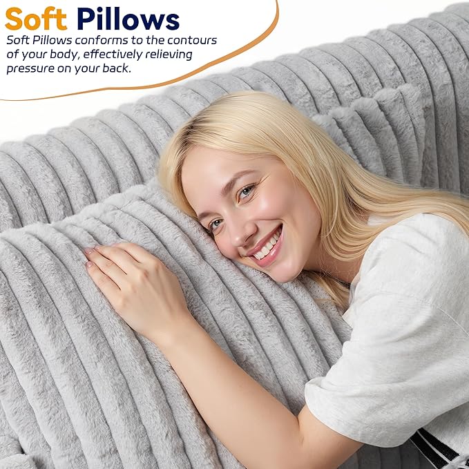 HABUTWAY 68" Loveseat Boneless Couch, 4-in-1 Convertible Sofa Bed, Plush Fur Folding Futon Sofa Bed Couches with 2 Pillows for Living Room, High-Density Foam Support, No Assembly Required, Light Grey