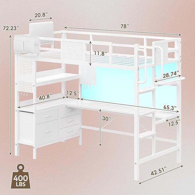 BYSAUD Twin Loft Bed with Desk and Storage, Metal Bunk Bed with 5 Drawers and 2 Pegboards, Heavy Duty Loft Bed Twin Size with LED Lights and Charging Station for Teens Adults, Noise Free, White