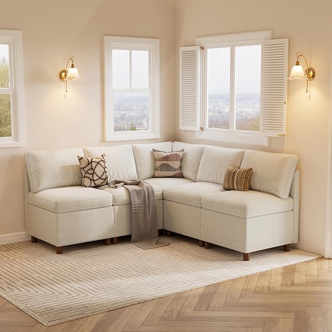 SITJOY Breakfast Nook Bench with Storage, Modular Corner Kitchen Banquette Seating, Dining Settee Couch, Upholstered Dining Bench with Back, Soft-to-Touch Fabric in Beige, 5-Seat L Shaped Nook