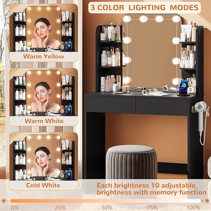 wanan Vanity Desk with Mirror and Lights 3 Colors, Girls Vanity Set with Power Outlet, Compact Vanity Table for Small Space, Black Vanity Desk only