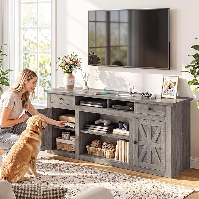 YITAHOME Farmhouse TV Stand for 65-Inch TV, Entertainment Center with Storage Cabinets & Drawers, TV Console for Living Room, Washed Gray