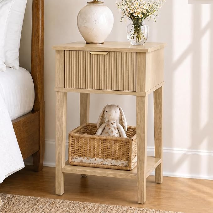 Modern Fluted Small Wood Nightstand, 11.8" Deep x 15.4" Narrow Bedside Table with Drawer & Open Shelf, Boho Scandinavian Accent End Table for Bedroom & Sofa - Oak