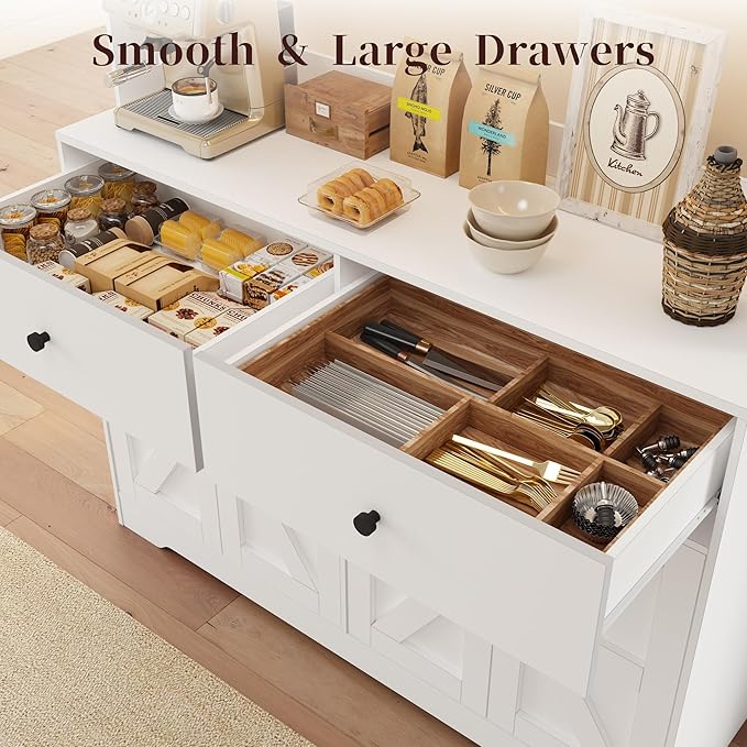 71" Kitchen Pantry Cabinet with Charging Station, Pantry Storage Cabinet Farmhouse Kitchen Hutch with Microwave Stand, Coffee Bar Station with Doors and Adjustable Shelves for Kitchen, White