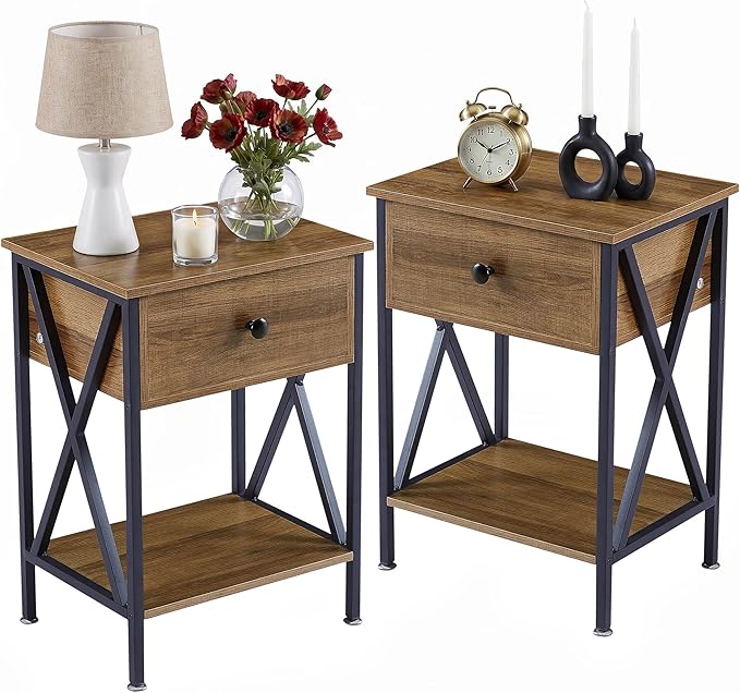 VECELO Nightstands Set of 2, Modern Bedside End Tables, Night Stands with Drawer and Storage Shelf for Living Room Bedroom, Industrial Metal Frame
