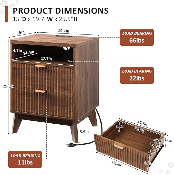 LYNCOHOME Fluted Nightstand with Charging Station, 19.7 inch Wide End Table with 2 Drawers, Modern Wood Bedside Table for Bedroom, Night Stand Set of 2，Walnut