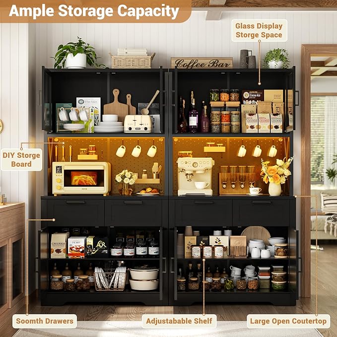 Unikito 71" Tall Kitchen Pantry Storage Cabinet with LED Light & Outlet, 63" Wide Kitchen Hutch Cabinet with Large Countertop, DIY Pegboard and Drawers, Farmhouse Food Pantry for Living Room, Black