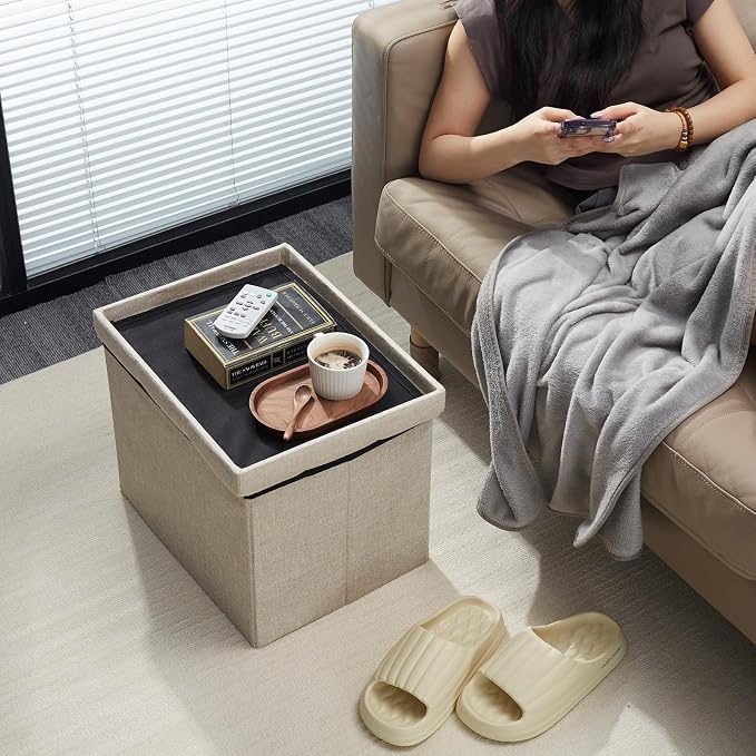 AmasSmile 2PC Ottoman Storage Footrest, 17 inch, Beige, Linen Fabric, Foldable, 43L Hidden Storage Space