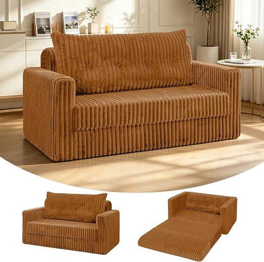 HABUTWAY 49.8" Loveseat Boneless Couch, 4-in-1 Convertible Sofa Bed, Plush Fur Folding Futon Sofa Bed Couches with a Pillow for Living Room, High-Density Foam Support, No Assembly Required, Orange