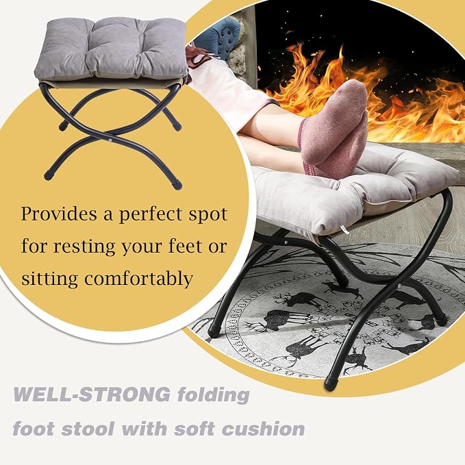 Foldable Upholstered Footstool, Space-Saving Washable Cushion, 18.5"x14.8"x15", 150lb, Indoor/Outdoor - Living Room/Bedroom/Patio Light Grey