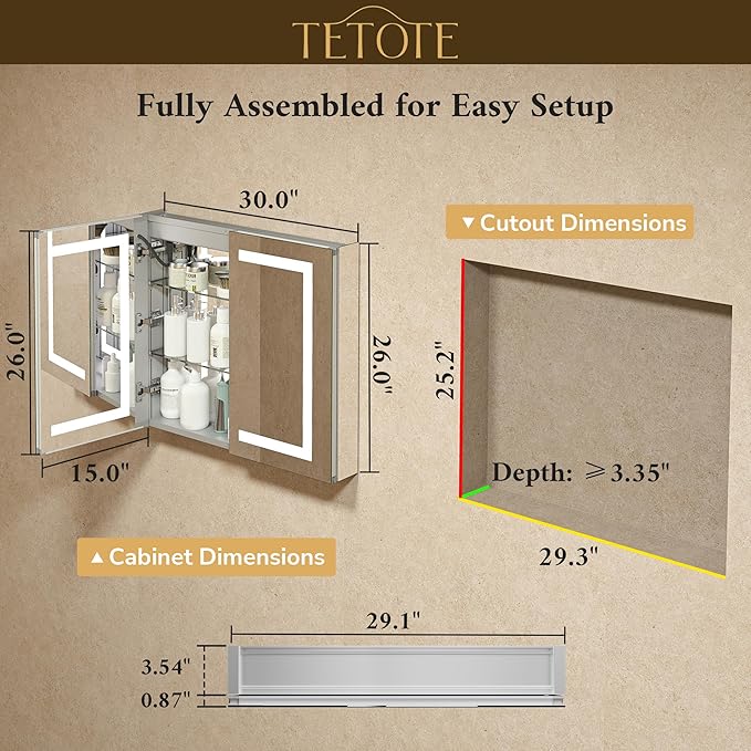TETOTE LED Lighted Medicine Cabinet with Lights 30 x 26 Recessed or Surface Mount Cabinet Mirror for Bathroom Wall, 2 Door Tempered Glass Led Vanity Cabinet, Outlets & USB, 3-Color Dimming, Anti-Fog