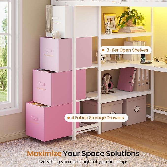 DICTAC Loft Bed Twin Size with Storage Stairs,Desk and Power Strips,Metal Twin Loft Bed with LED Lights,8 Storage Drawers &Open Shelves,Loft Beds for Kids,Teens,Adults with Safety Guardrail,White+Pink