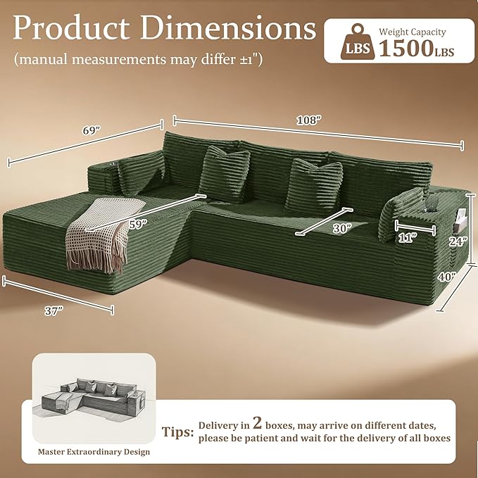 108" Cloud Sectional Couch, Comfort L Shaped Boneless Couch for Living Room, Extra Deep Seats No Assembly, Minimalist Modular Sofa, Corduroy (Olive Green, 2 Seater+Right Facing Chaise)