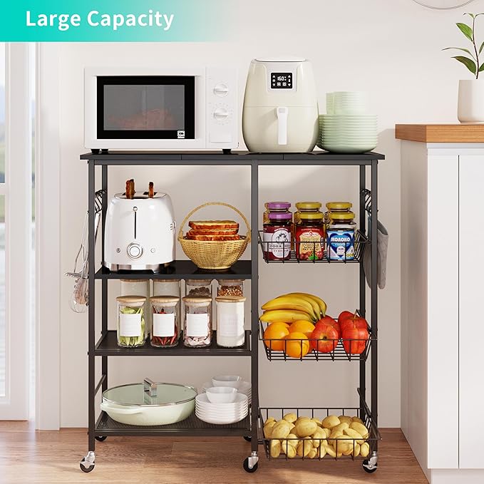 HapiRm Rolling Kitchen Microwave Cart - 4 Tier Microwave Table Stand with Pull-Out Baskets, Coffee Bar Baker's Rack with Wheels Rolling Storage Cart Organizer Shelf for Living Room Office, Balcony
