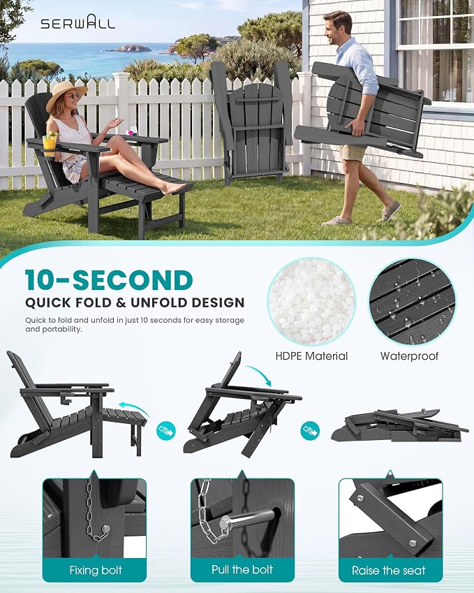 SERWALL Folding Adjustable Adirondack Chairs with Footrest Set of 2, HDPE Outdoor Chair with Dual Cup Holders, All Weather Adirondack Chair with Ottoman, Gray