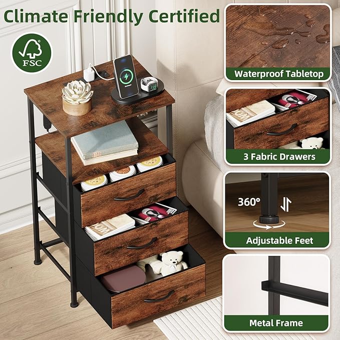 Somdot Tall Nightstand with Charging Station and LED Light for Bedroom, 3 Drawers Dresser with Fabric Bins for Bedside Kids Dorm Room Closet Laundry Entryway, Wood Grain Print