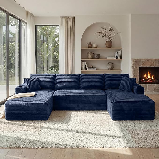 125 Inch Modular Sectional Sofa, Cloud Couch Oversized U Shaped Corduroy Sofa with Storage & Cupholders, Modern Deep Seat Boneless Couches for Living Room, No Assembly Required, Blue