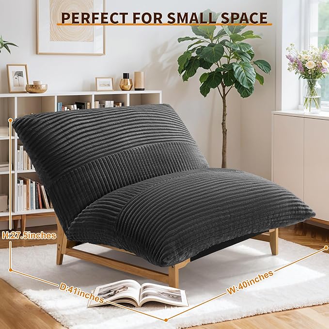 Oversized Cloud-Like Couch Single Seat, Extra-deep Seat Soft for Living Room, Minimalist Convertible Stuffed Bean Bag Cushion with Removable Washable Cover, Corduroy Dark Grey