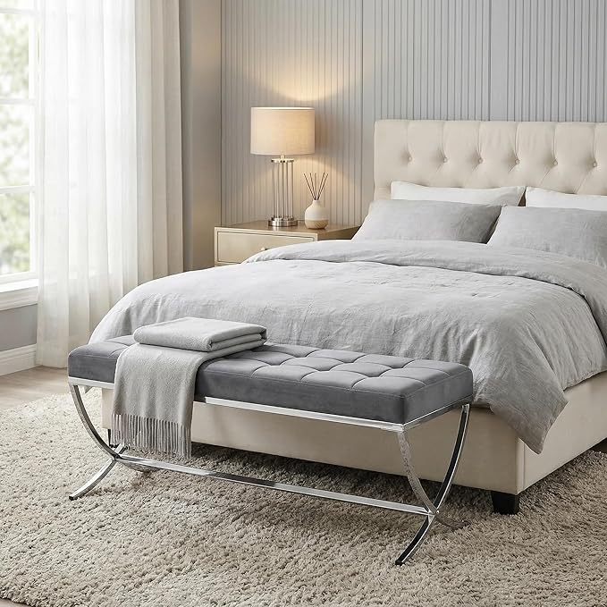 LukeAlon Modern Velvet Dining Bench, Button Tufted Ottoman Bench with X-Shape Chrome Finish Upholstered End of Bed Bench Comfy Entryway Bench for Bedroom Kitchen, Grey