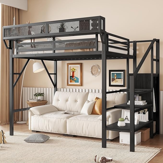 KEIKI Twin Size Metal Loft Bed Frame with Convertible Staircase, Built-in Storage Shelves & Wardrobe, Loft Bed with Solid Slats & Guardrail, No Box Spring Required, Easy Assembly, for Bedroom, Black