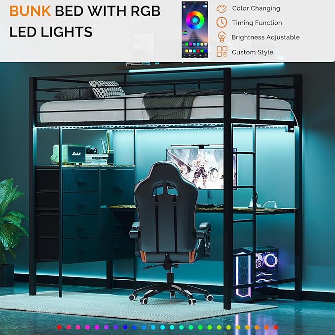 VINGLI Full Loft Bed 15 Inch Extra Tall Safety Guardrail, 7 Drawers Dresser, and Flat Rungs, LED High Double Sleeper with 2 Charging Stations,and Desk, Heavy Duty Space Saving Bed, Black