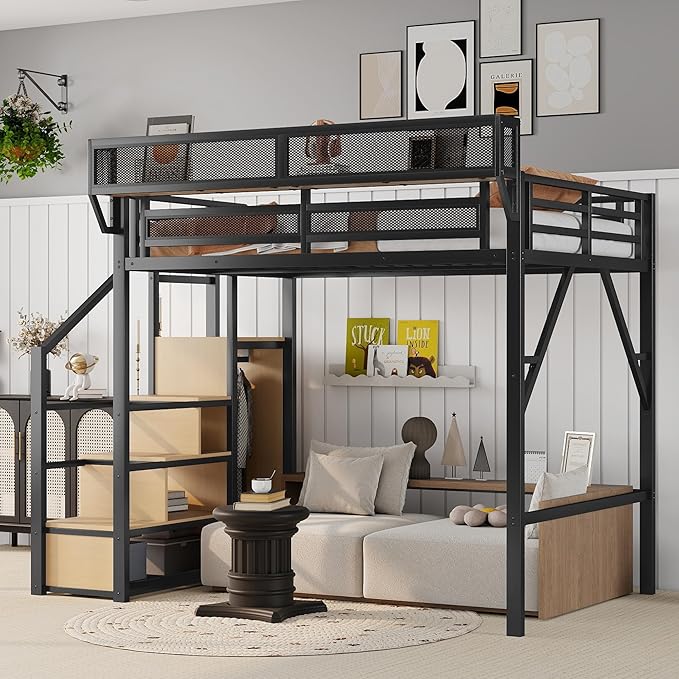 KEIKI Full Size Metal Loft Bed Frame with Convertible Staircase, Built-in Storage Shelves and Wardrobe, Loft Bed with Solid Slats, Guardrail, No Box Spring Required, Easy Assembly, for Bedroom, Black