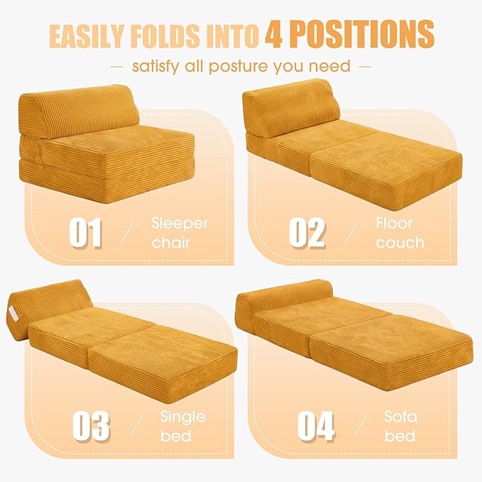 Kasunpul Folding Sofa Bed with Pillow, Memory Foam Fold Out Chair Bed, Convertible Sleeper Chair with Washable Cover, Futon Floor Couch for Living Room/Dorm/Guest Use/Home Office/Apartment,Orange