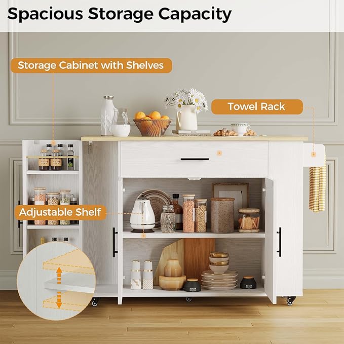 IRONCK Kitchen Island with Storage, 47.2in Rolling Island on Wheels, Kitchen Cart with Drop Leaf, Drawer and Towel Rack for Home, Dining Room
