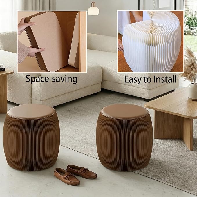 Drum-Shaped Collapsible Accordion Folding Stool, 660lbs Weight Capacity Kraft Paper Ottoman Seat with Cushion, Portable Space-Saving Foot Rest Stool for Home, Dorm & Office (11 Inch, Brown)