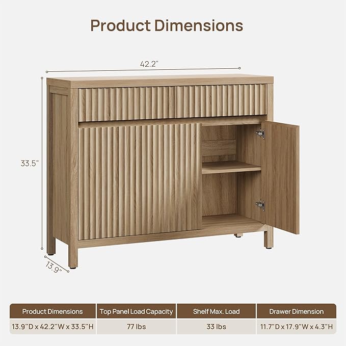 SICOTAS Fluted Sideboard Buffet Cabinet with Storage – Extra Large Credenza Accent Cabinet with 2 Drawers and 3 Doors, 84" Modern Entryway Cabinet Console with Adjustable Shelves for Living Room