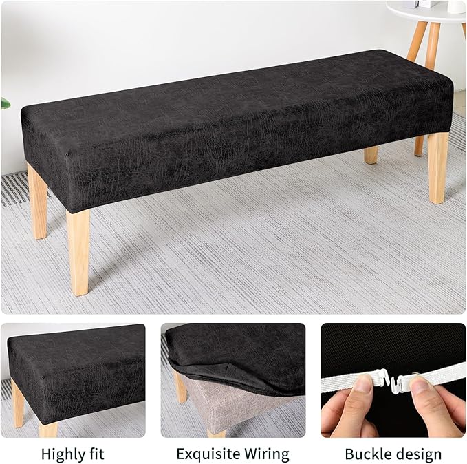 FORCHEER Dining Room Chair Seat Covers Set of 4 with 1 PC Bench Cover Set Faux Leather Fabric Anti-Dust Removable Seat Protector for Dining Room- 4 PCS Chair Cover+1 PC Bench Cover(Black)