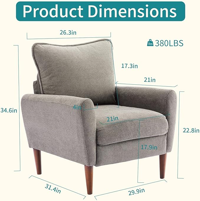 OLIXIS Comfy Accent Chair for Living Room Bedroom and Waiting Room, Upholstered Mid-Century Reading Chair with Pillow and Solid Wood Legs, Wide Singe Modern Lounge Sofa Gray, 2 Pack