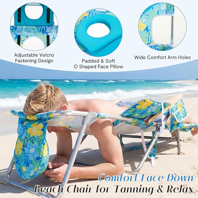5-Positon Backpack Beach Chair, Portable Folding Tanning Chair, Double Shoulder Straps Beach Lounge Chair with Footrest, Face Hole, Towel Bar (Yellow Green, 60.6" (Set of 2))