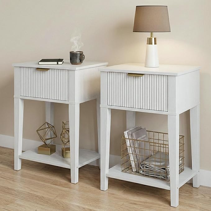 Modern Fluted Small Wood Nightstands Set of 2, 11.8" Deep x 15.4" Narrow Bedside Tables with Drawer & Open Shelf, Farmhouse Chic Side Tables for Bedroom - White