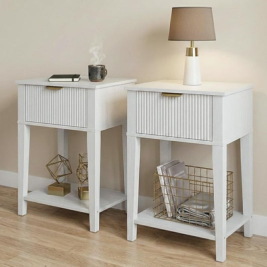 Modern Fluted Small Wood Nightstands Set of 2, 11.8" Deep x 15.4" Narrow Bedside Tables with Drawer & Open Shelf, Farmhouse Chic Side Tables for Bedroom - White