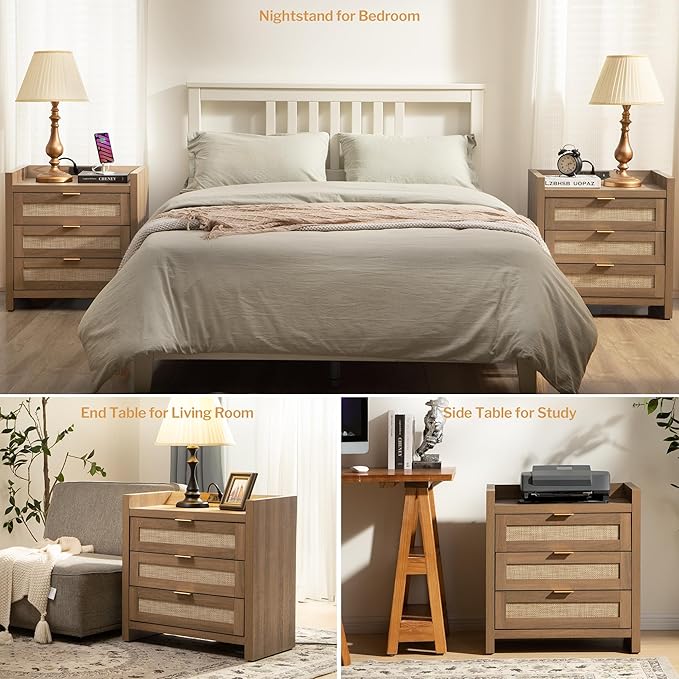 SICOTAS Larger Rattan Night Stand - Tall Nightstands with Type-C Charging Station, 3 Storage Drawers, Boho Bedside Table End Table with Storage for Bedroom Sofa Couch Office - Natural Oak