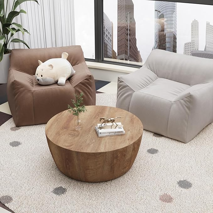 30" Round Coffee Table, Drum Coffee Tables for Living Room, Vintage Reversible Wooden Coffee Table, Mid Century Modern Center Table Tea Table for Bedroom or Office, No Need Assembly