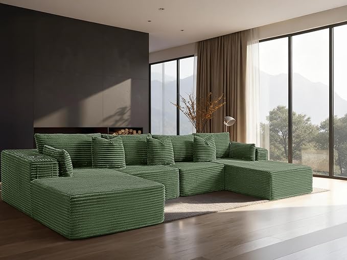 138" Cloud Sectional Couch, Comfort U Shaped Sofa for Living Room, Extra Deep Seats No Assembly, Minimalist Modular Couch, Corduroy (Olive Green, 6 Seats,U-Shape C)