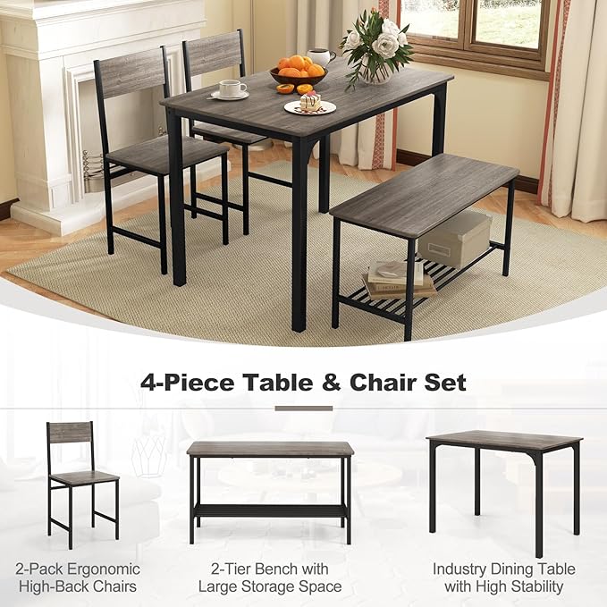Giantex Dining Table Set for 4, Kitchen Table with Bench and Chairs, Industrial Gathering Bench Dining Set W/Metal Frame & Storage Rack, Dinette Set, Modern Functional Desk Set (Grey)